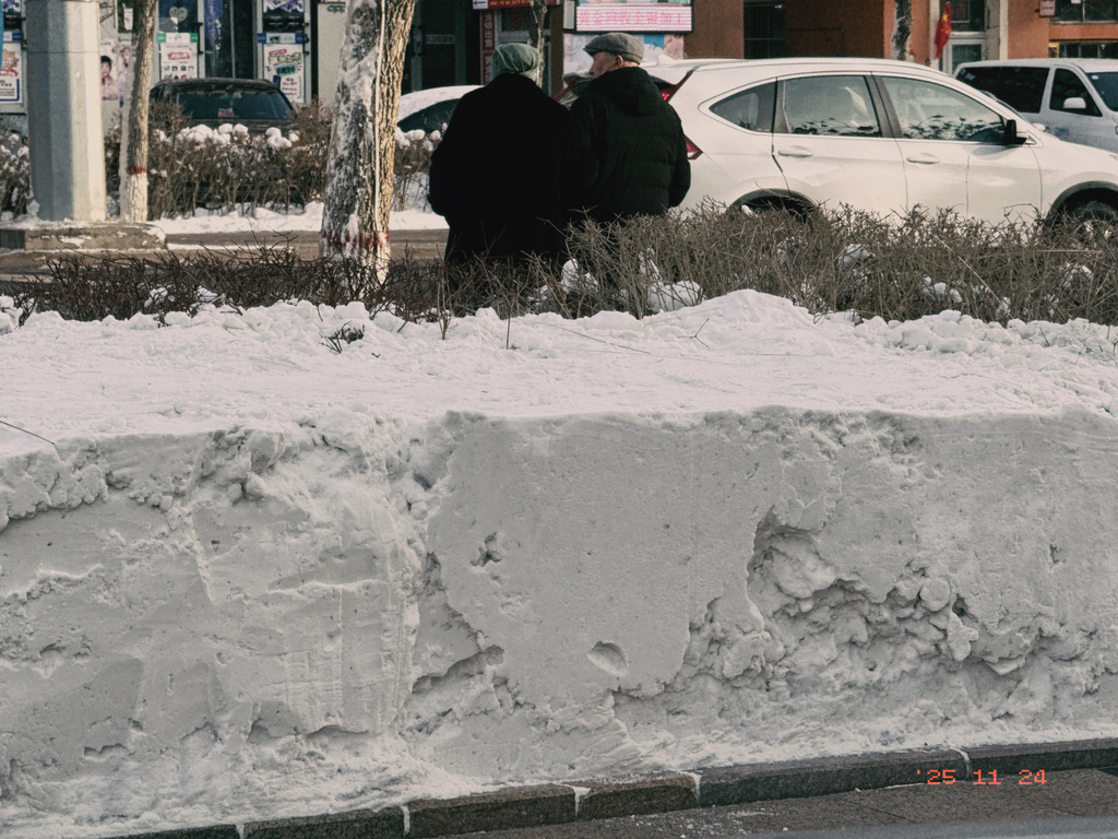 路边的堆雪有到膝盖厚