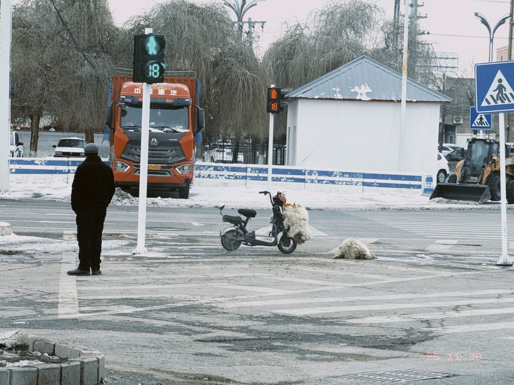 走进额敏县城，有人在路边卖新扒的羊皮