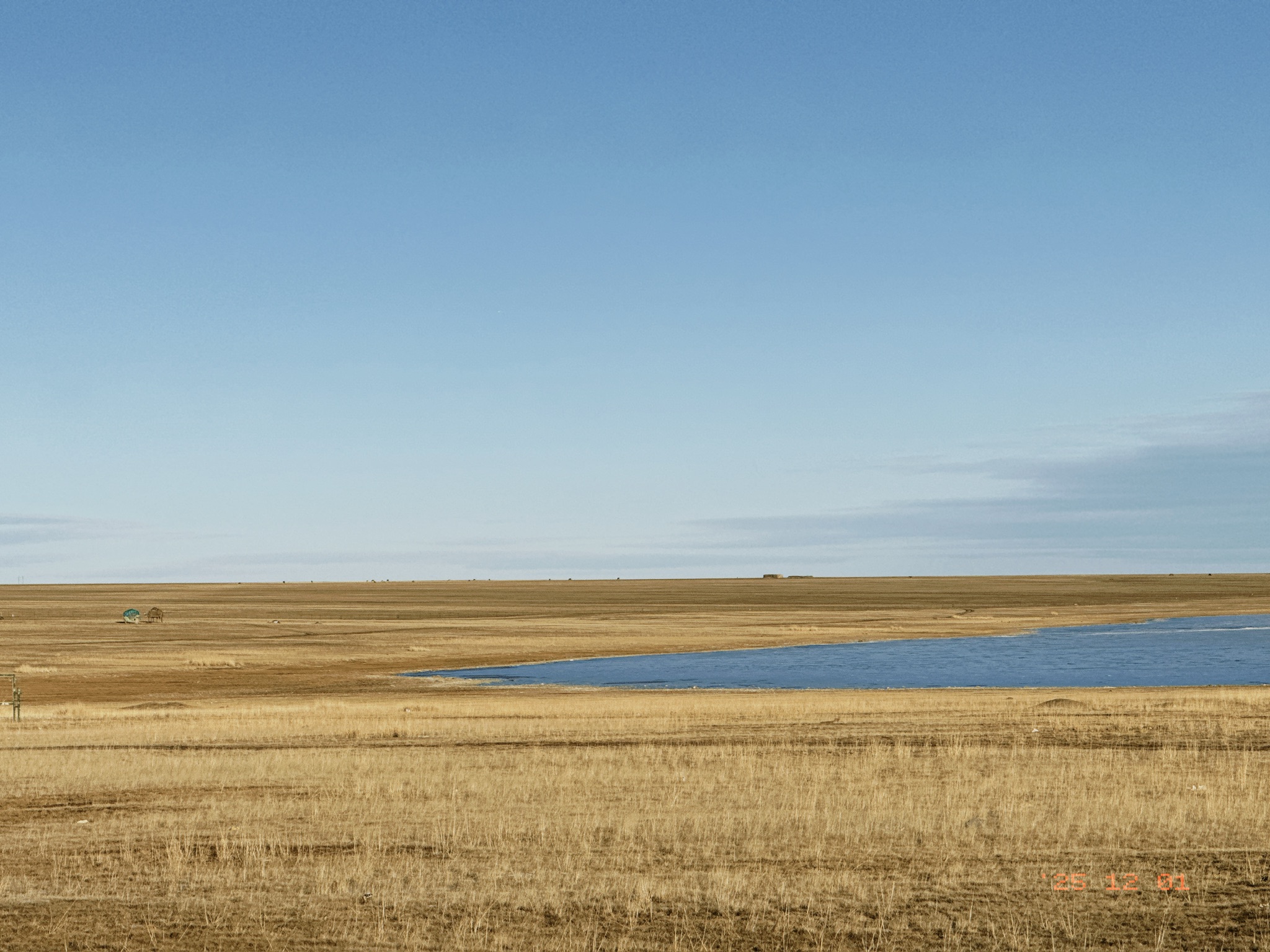 未结冰的湖水和草原