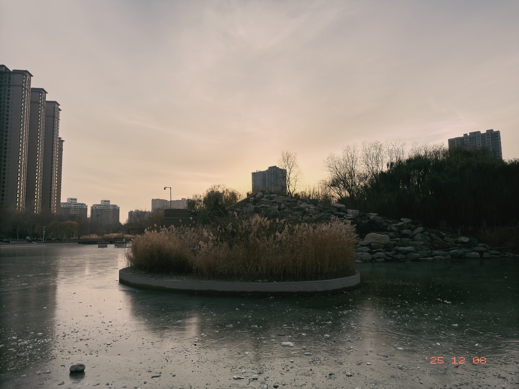 冻挺了的天鹅湖，左下角有人抛上去的大冰块