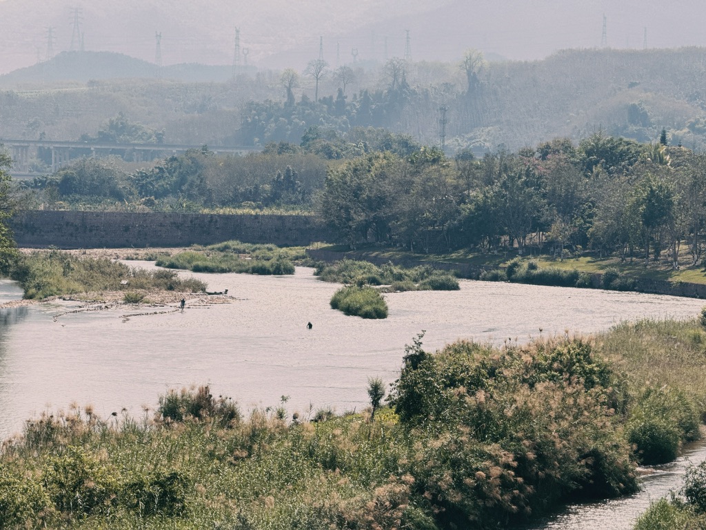 进门后不远的桥，向右看到南班江中有人在捕鱼