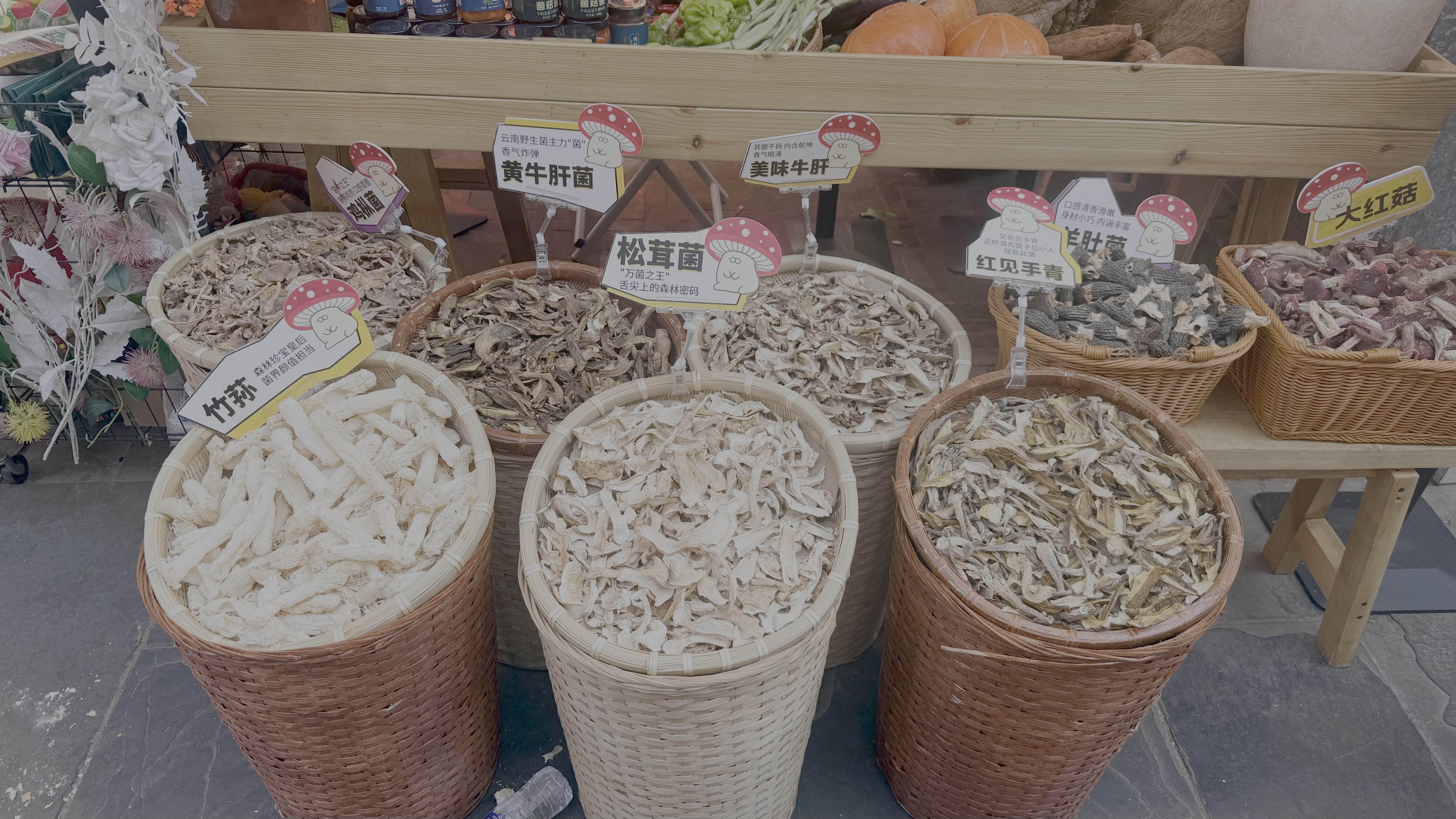 云南特产各种菌子，卖新鲜菌子的很少，我们路上只见过一次，大部分都是卖干菌的