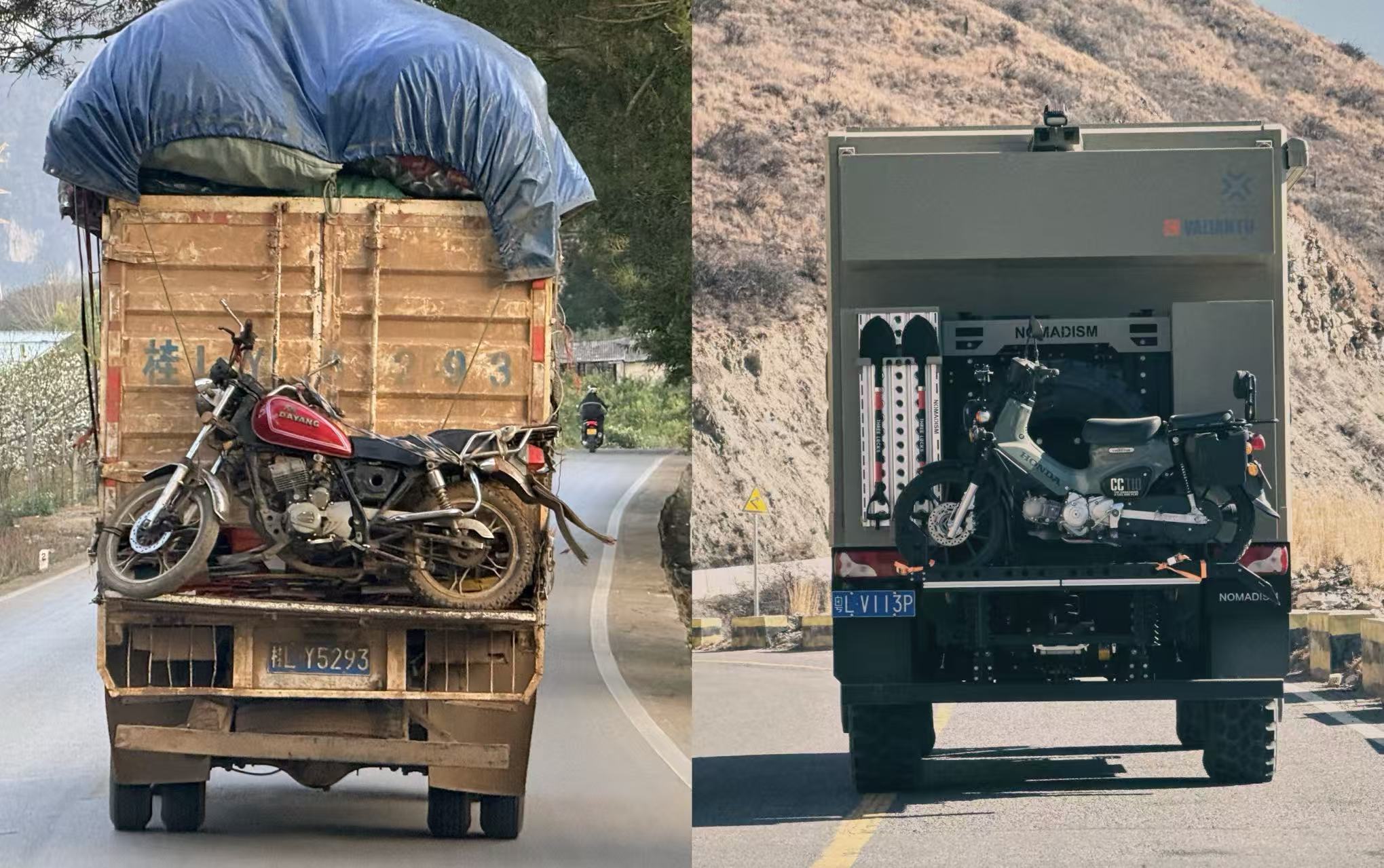 路上看到的卡车驼摩托，和此前见到的 Nomadism 高端房车本质是一样的